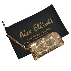 Alex Elliott Leather Wristlet Wallet Snakeskin Python Print Gold Tone Dustbag